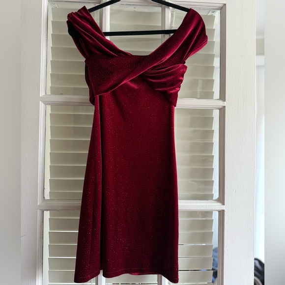 Vintage Dresses & Skirts - Custom Made Burgundy Off-Shoulder Sparkly Dress
